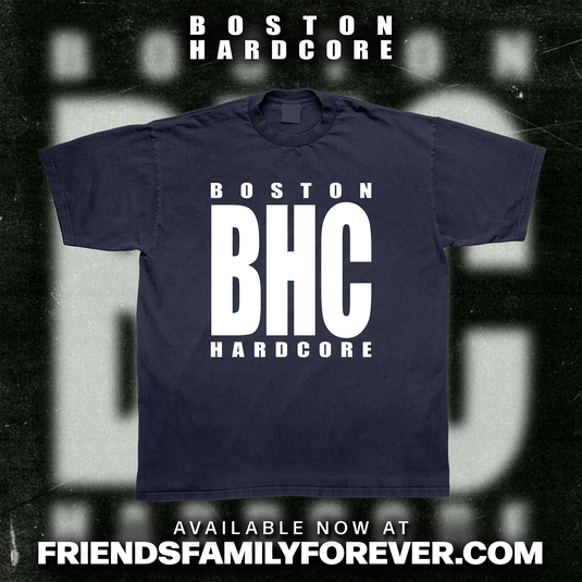 A navy t-shirt with bold white text reading 'BOSTON HARDCORE' on the front with classic BHC block letter design in the middle