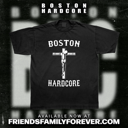 Black T-shirt. The shirt features a white Crucified Skinhead design with the words 'BOSTON HARDCORE' included.
