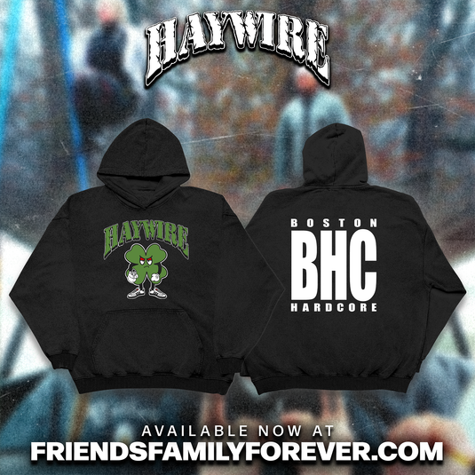 black hoodie shown from the front and back. The front of the hoodie has green 'HAYWIRE' logo and sammy shamrock character. The back has the classic 'BOSTON HARDCORE' block letter print in white