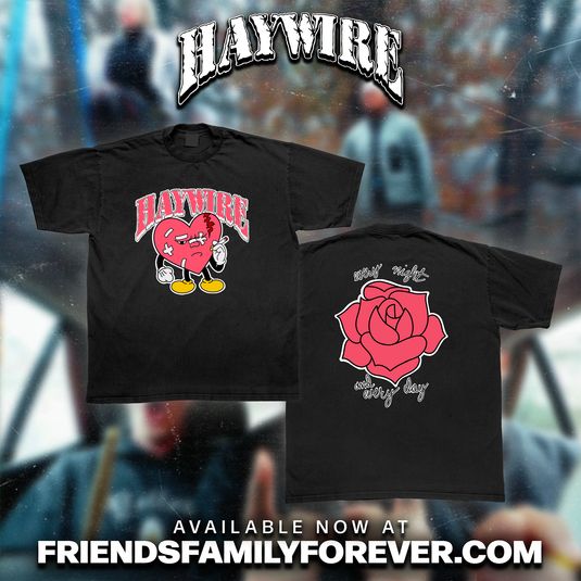 Black graphic t-shirt. The front features a red heart graphic with cartoon arms and the logo 'HAYWIRE' in red, while the back displays a large red rose with 'every night and every day' in stylized text.