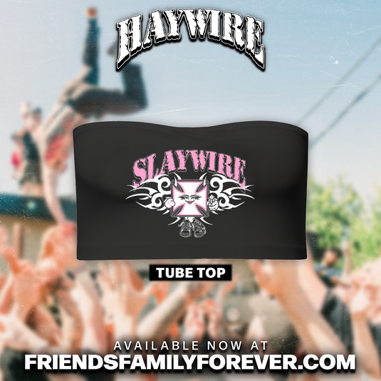 A black tube top featuring pink and white 'SLAYWIRE' Logo graphic with iron Christina on it