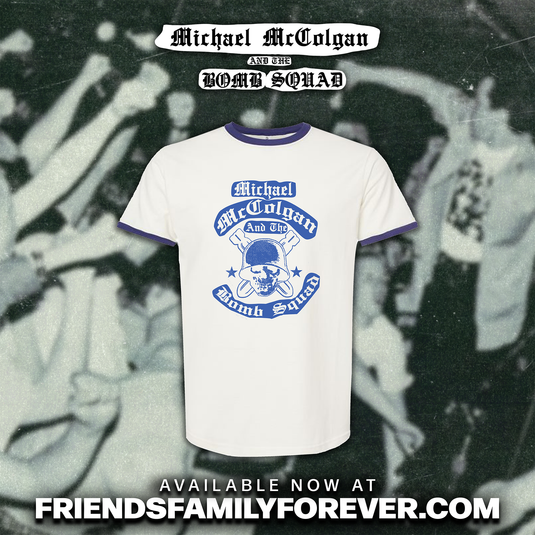 Ringer T-shirt w/ navy trim and a matching navy blue graphic print reading 'Michael McColgan and the Bomb Squad'