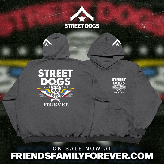 Street Dogs Grey Hoodie printed on Hanes Ultimate blanks. Featuring a designs printed on the left side of the hood, front, and back