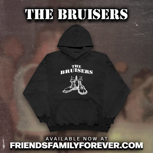 Black hoodie with screen printed design 'THE BRUISERS' on the top and boots illustration below it with white ink