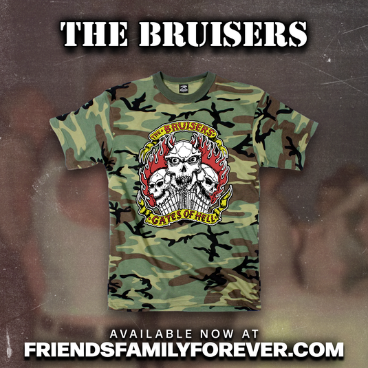 Camo T-shirt with 'THE BRUISERS, GATES TO HELL' design screen printed on the front with red, yellow, white, and black ink