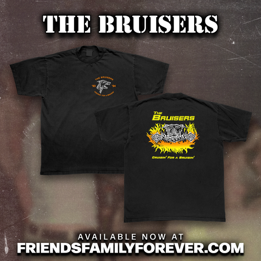 Black Shirt; printed on the front left chest is 'The Bruisers - '93 '94 - Cruisin For a Bruisin' in orange with a drawing of a barking dog in the middle of the design printed in white.Printed on the back is a yellow,orange,and white design with another different illustration of a dog and 'The Bruisers' 'Cruisin for a bruisin'