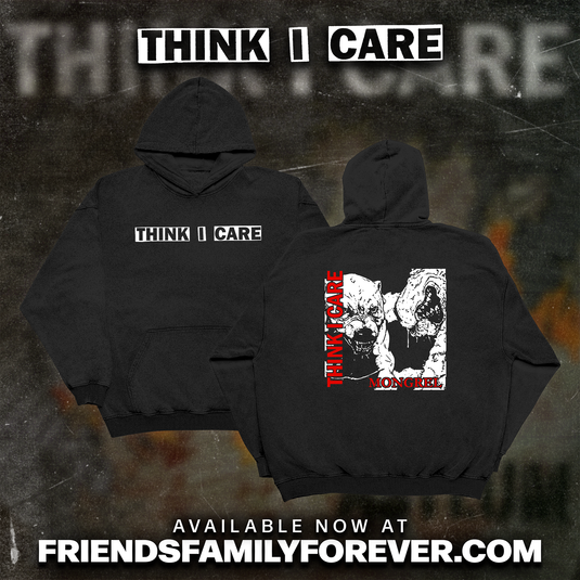 Black hoodie. 'THINK I CARE' logo on the front and 'MONGREL' album artwork on the back of it in white and red ink.