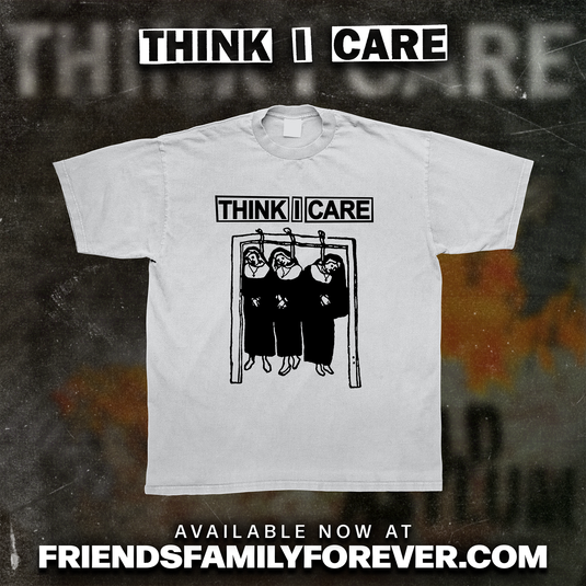 Ash Gray T-shirt with the design printed on the front: 'THINK I CARE' Logo above a drawing of 3 hanging nuns 