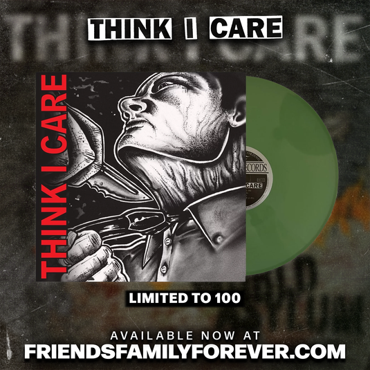 Record album cover and green record. The cover features 'THINK I CARE' Self Titled cover art and green colored Vinyl